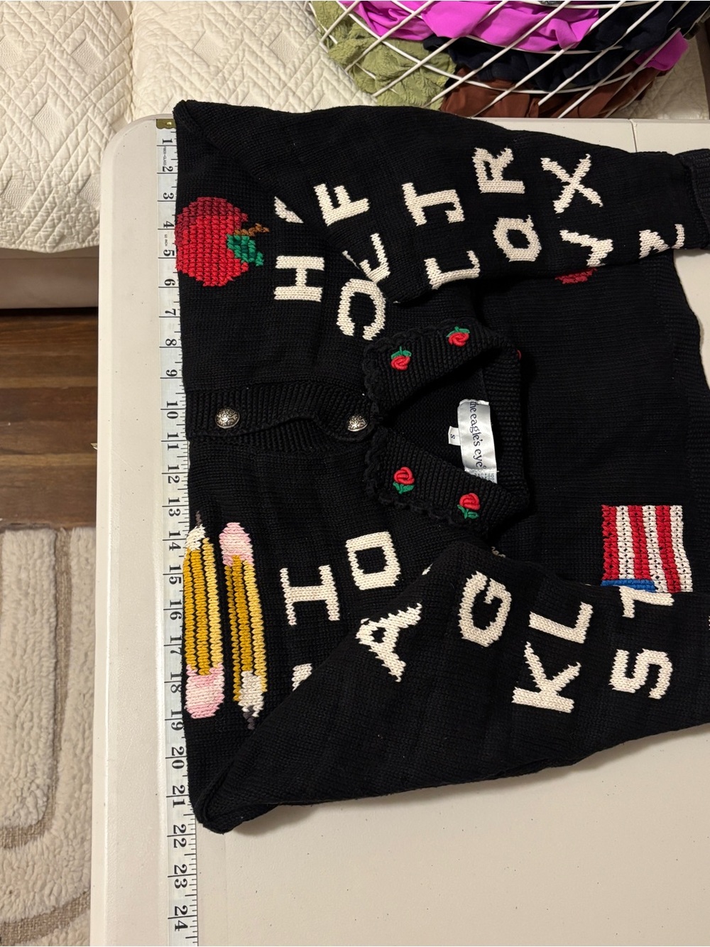 Vintage Novelty Alphabet Sweater Size S Black Grandma Teacher Cat Cottagecore - Picture 4 of 8
